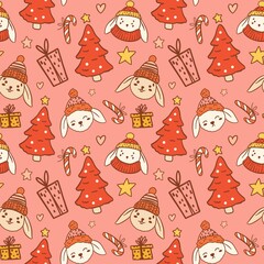 Christmas seamless pattern on pink background. Cute rabbits and boho elements. Merry Christmas and Happy New Year - Year of the Rabbit 2023.