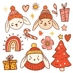 Christmas set. Cute rabbits and boho elements rainbow, flowers, tree. Merry Christmas and Happy New Year - Year of the Rabbit 2023.