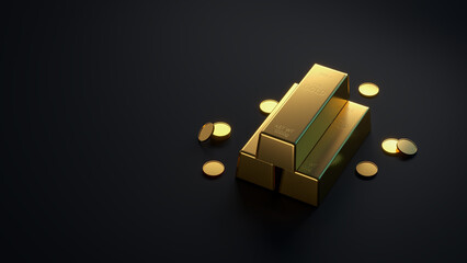 Luxury 3D illustration of gold bullion over black background. Gold ingots with coins. Business and finance success concept. Precious metal investment. Wealth and reserve concept. 3d render.