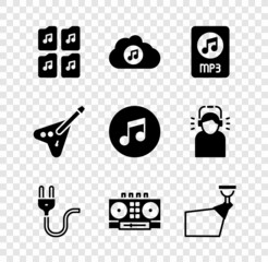 Set Music file document, streaming service, MP3, Electric plug, DJ remote and mixing music, Movie spotlight, bass guitar and note, tone icon. Vector