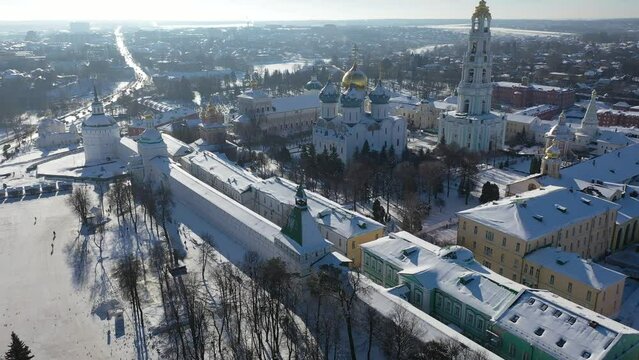 Winter view from a drone of the Trinity-Sergius Lavra and residential areas of the city of Sergiev Posad, Russia.