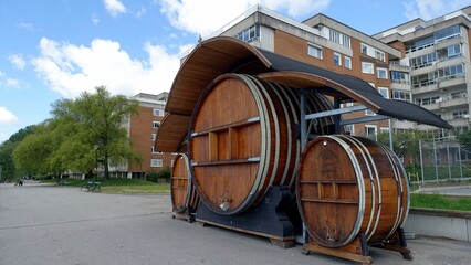 Stockholm, Sweden, June 10, 2022: A glimpse of a barrel bar along one of the city's canals