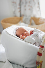 Gentle innocent newborn baby sleeps on light baby cocoon