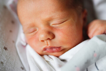 Gentle innocent newborn baby sleeps on light baby cocoon