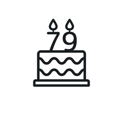Birthday cake line icon with candle number 79 (seventy-nine). Vector.