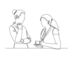 continuous line of 2 office girls talking to each other, the one holding a coffee cup the other one listening carefully vector.