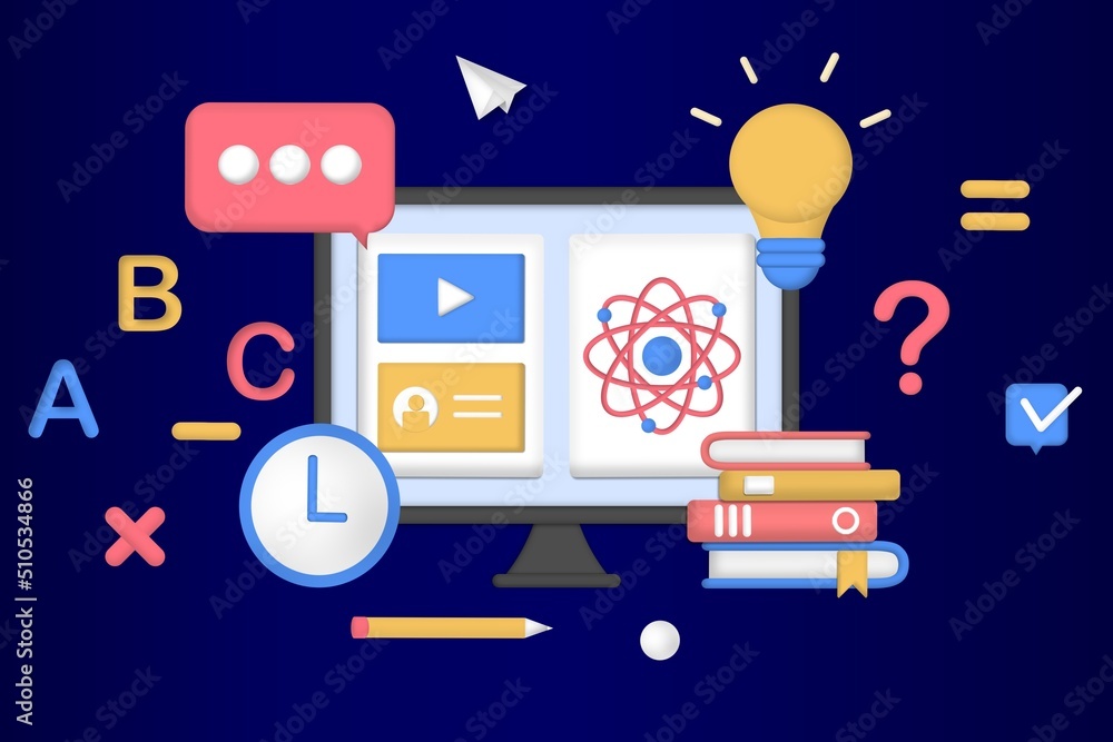 Poster modern 3d online education for banner website. page template vector illustration of e-learning, inte