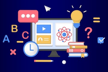 Modern 3D Online Education for banner website. Page template vector illustration of e-learning, internet course, application learning, university studies, classroom, tutorial, library on computer.