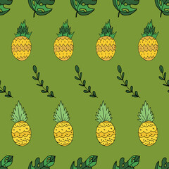 Tropical pineapples and leaves vector seamless pattern on green