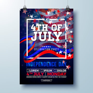 Independence Day of the USA Party Flyer Illustration with American Flag, Star and Ribbon. Vector Fourth of July Design on Dark Background for Celebration Banner, Greeting Card, Holiday Poster or