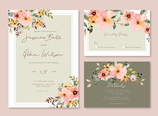 Peachy Watercolor Floral wedding Invitation - obrazy, fototapety, plakaty