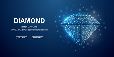 Diamond 3d low poly symbol with connected dots for blue landing page. Brilliant, luxury design illustration concept. Polygonal Jewelry illustration