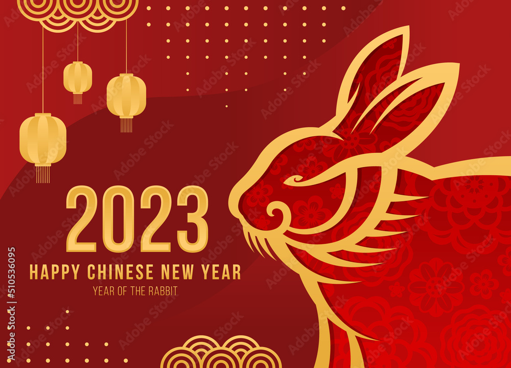 Poster chinese new year 2023 - gold border line rabbit zodiac sign with flowers texture on red curve textur