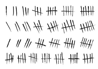 Tally mark. Prison counting lines set, black slash scratches on the wall. Hand drawn crossed out tally marks, jail grunge outline numbers on white background, vector illustration