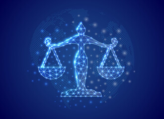 Scales 3d low poly symbol with blue world map background. Justice concept design vector illustration. Law polygonal symbol with connected dots
