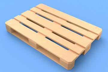 Wooden pallet for warehouse cargo storage isolated on blue background.
