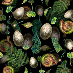 Seamless Pattern Dinosaur eggs, trilobites on ferns and other prehistoric plants. Watercolor hand painted illustration isolated on black background.