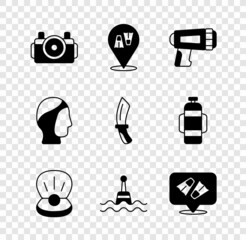 Set Photo camera for diver, Flippers swimming, Flashlight, Pearl, Floating buoy, Diving hood and knife icon. Vector