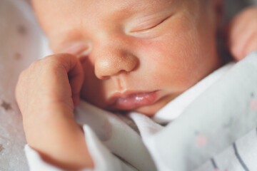 Gentle innocent newborn baby sleeps on light baby cocoon