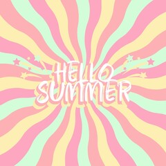 Hello Summer lettering in pop art comics style. Summer background with sparks, fireworks and stars. Vector retro textured Summer poster design, banner, advertising, promo, sale.