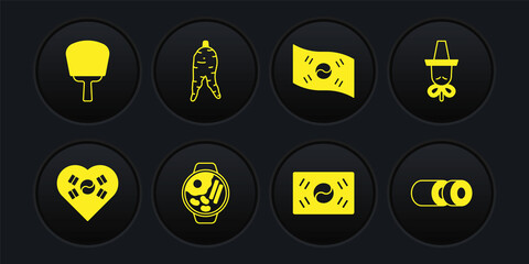 Set Love Korea with heart, Korean hat, Ramen, South flag, Ginseng root, Sushi and hand fan icon. Vector