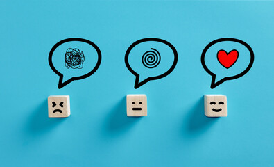 Customer feedback and satisfaction concept. Happy, sad and neutral faces with negative and positive feedback.