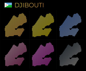 Djibouti dotted map set. Map of Djibouti in dotted style. Borders of the country filled with beautiful smooth gradient circles. Radiant vector illustration.