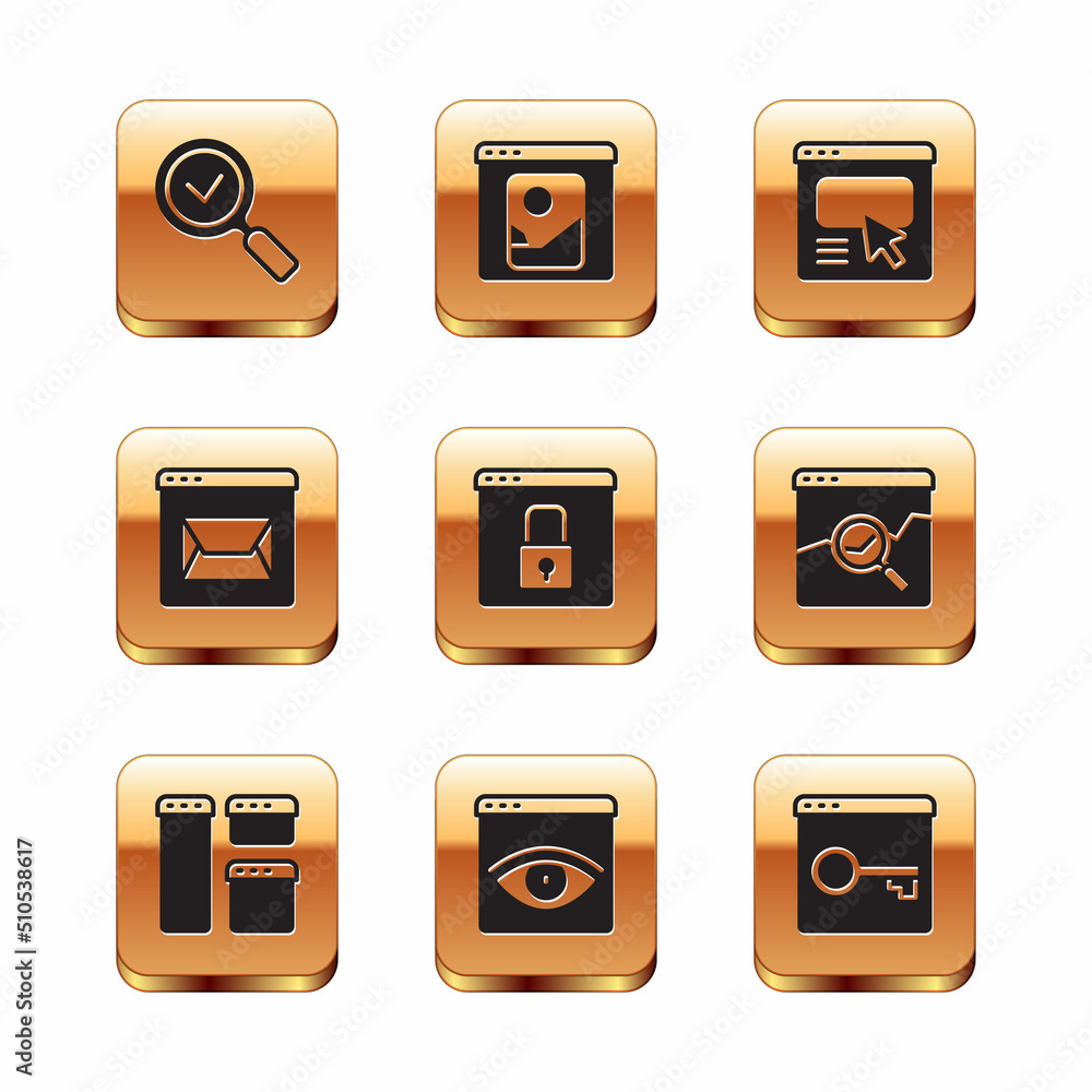 Poster set magnifying glass with check mark, browser window, incognito, secure your site https, ssl, websit