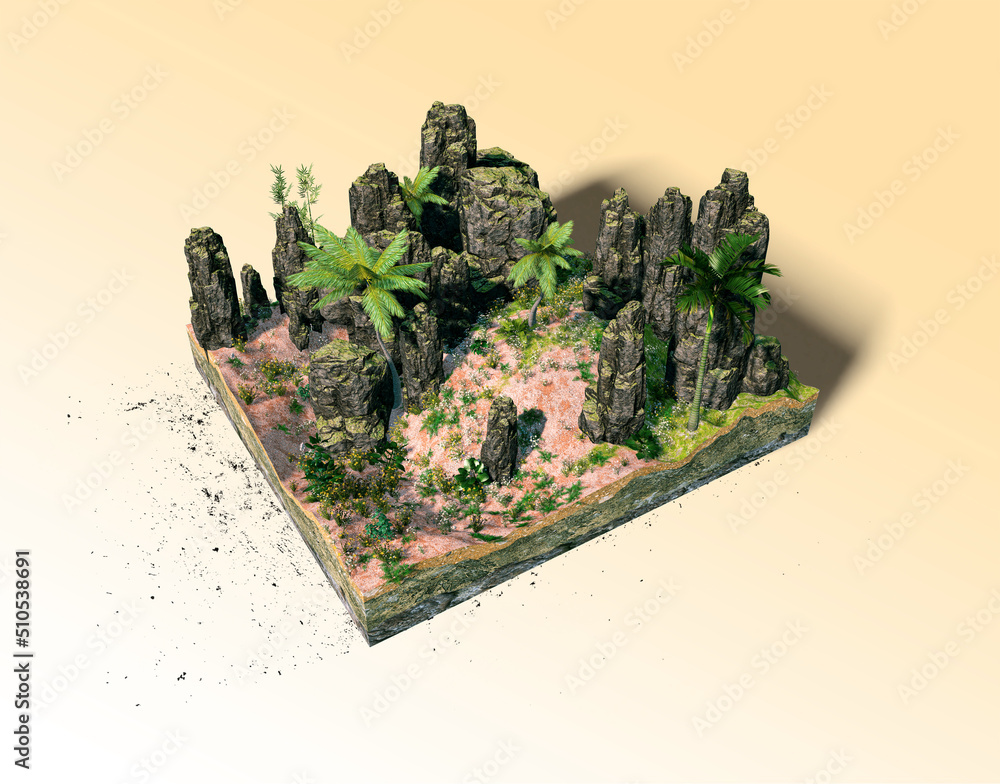 Poster piece of island with rock mountain palm trees and greens in cross section. micro world. 3d rendering