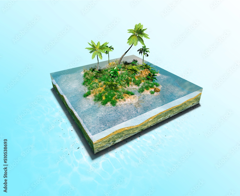 Poster piece of tropical island with green land and palm trees on a beach in cross section. micro world. 3d