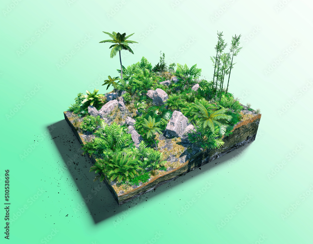 Poster piece of tropical island with green meadow with palm trees and bamboo trees on a beach in cross sect