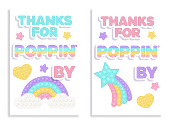 Set of two Birthday favor tags popi it fidget toy vector design with illustrations and text. Happy Birthday gift printable cards or labels in pastel popit style. Star design as a trendy silicone toy.