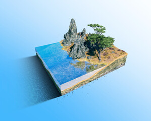 Tropical land piece of green trees and seaside. Cross section cut out with 3d rendering. Micro world.