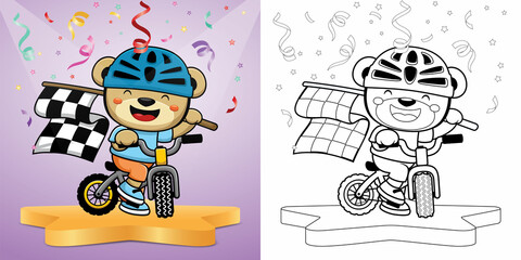 Vector illustration of cartoon bear wearing helmet biker riding bicycle while carrying finish flag