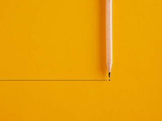 Pencil draws a line and a dot on yellow background. To end or finish something or retirement