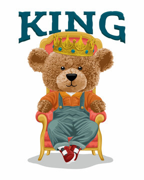 vector illustration of bear doll wearing crown sitting on throne