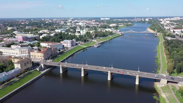 Bird's eye view of Tver, Russia. Savior Transfiguration Cathedral and Tver Regional Picture Gallery seen from above.