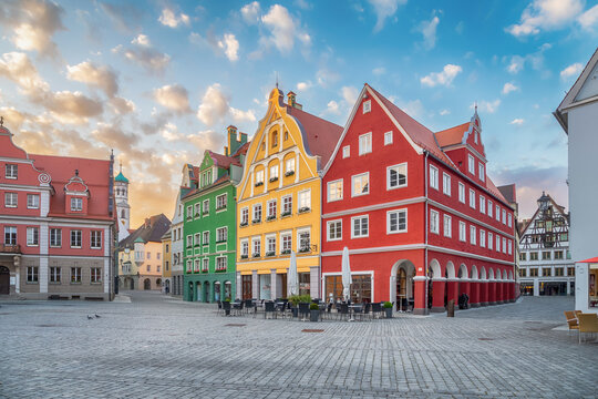 Colorful buildings on Market square (Marktplatz) in sunrise in  Memmingen,  Bavaria, Germany