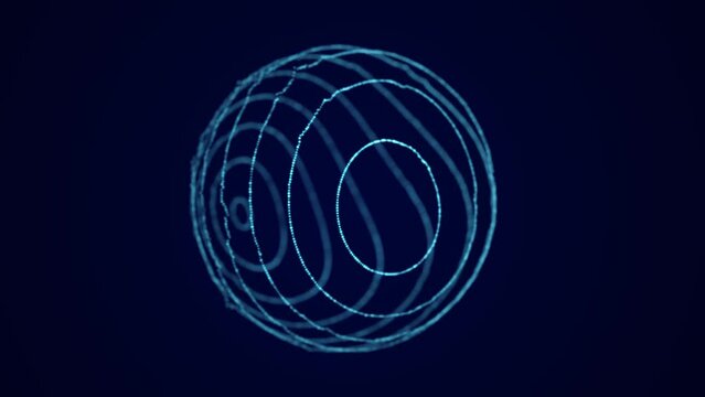 A sphere of blue color with sinuous lines of particles. Twisting glowing lines. Global network connection. Futuristic technology style. 3D rendering.