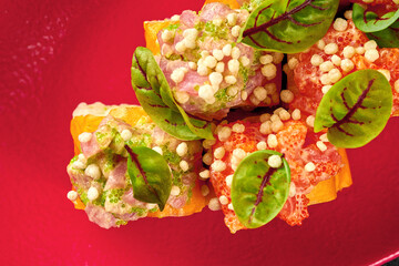 Sushi roll with shrimp, cream cheese and salmon in a red plate