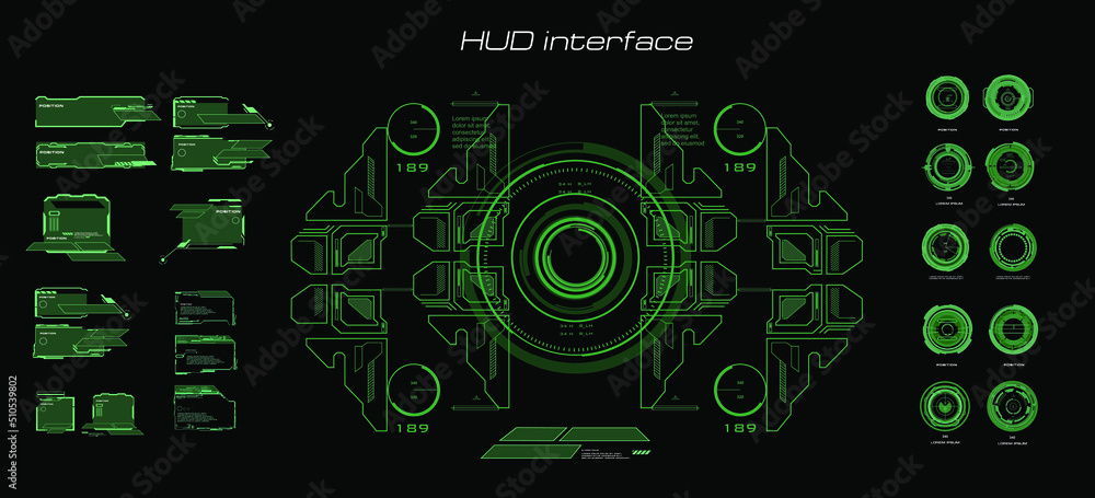 Poster digital holographic green user interface with dashboards, elements and frames. futuristic cyber inte