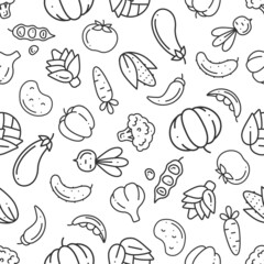 Seamless pattern with simple outline black vegetable icons on white. Vector flat illustration