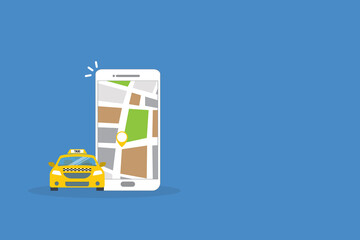 Taxi online service on mobile application with yellow taxicab and location. Get a taxi. Concept for order taxi service.  © madedee