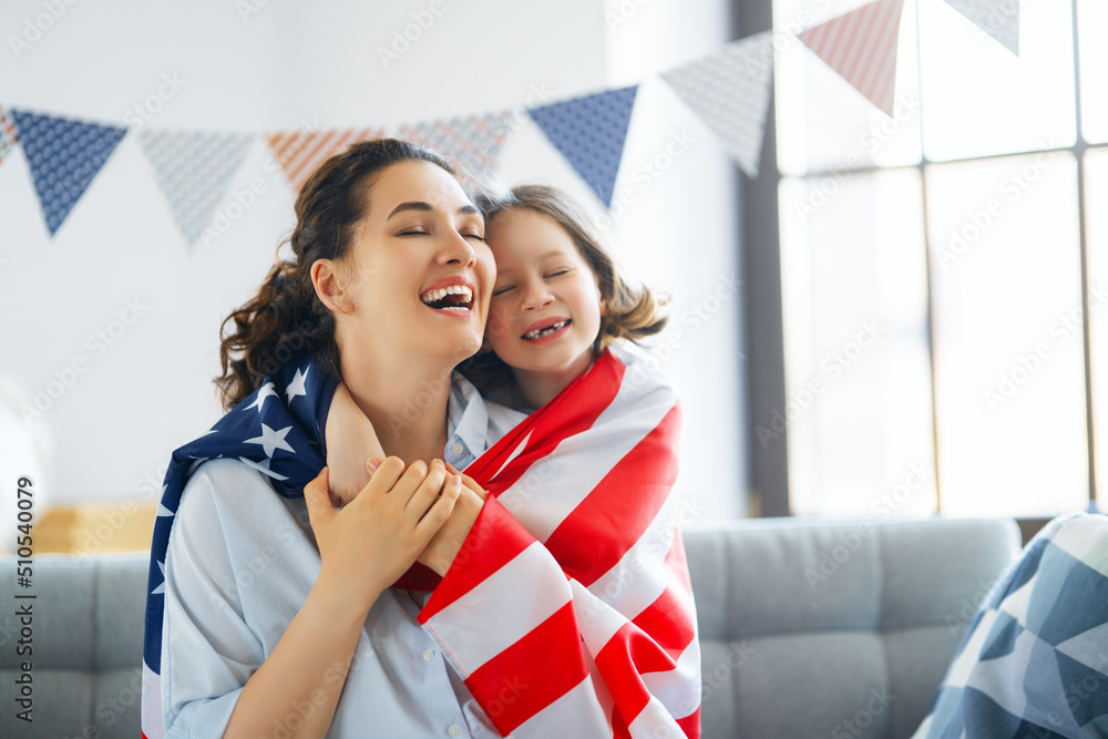 Wall mural family with american flag