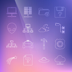 Set line Network cloud connection, Police badge, Folder tree, Unknown directory, Computer network, Alien, and Cloud with moon and stars icon. Vector