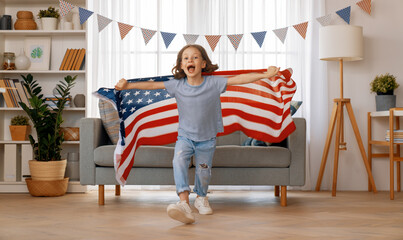 girl with American flag - obrazy, fototapety, plakaty