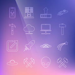 Set line Two crossed hammers, Falling star, Hammer, Loading, Network cloud connection, Mobile recording and Computer network icon. Vector