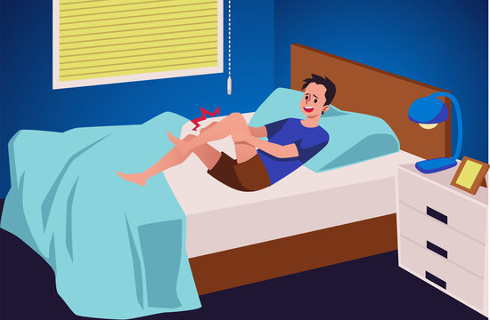 Man laying in bed in pain, character suffering from leg numb, flat vector illustration.