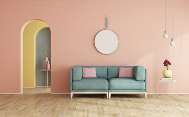 Minimalist living room interior with sofa on pastel color wall and archway