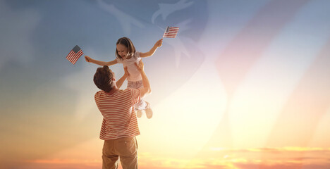 Patriotic holiday, family with American flag